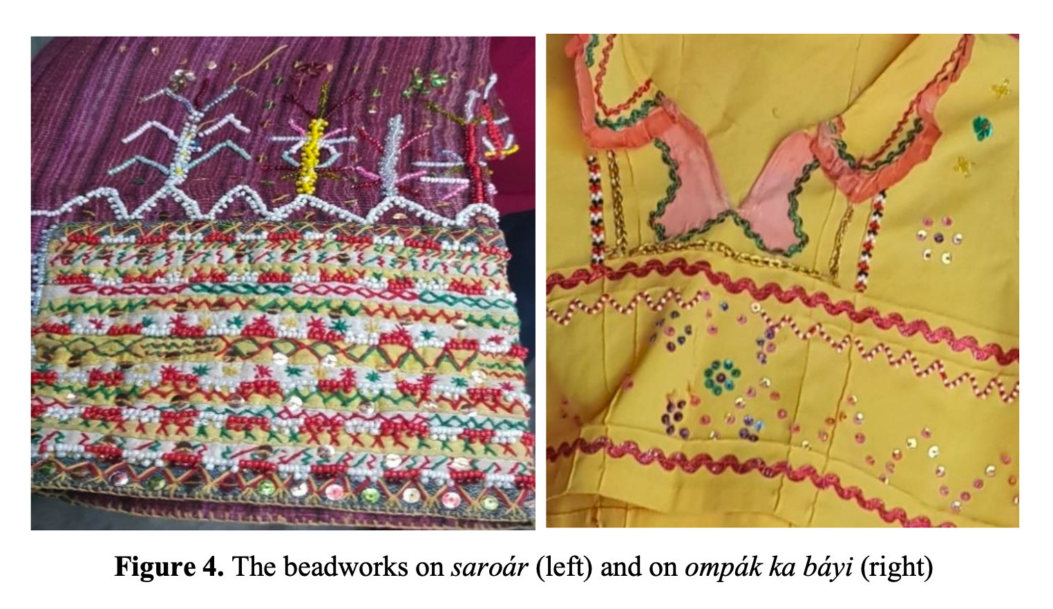 The beadworks on saroár (left) and on ompák ka báyi (right)